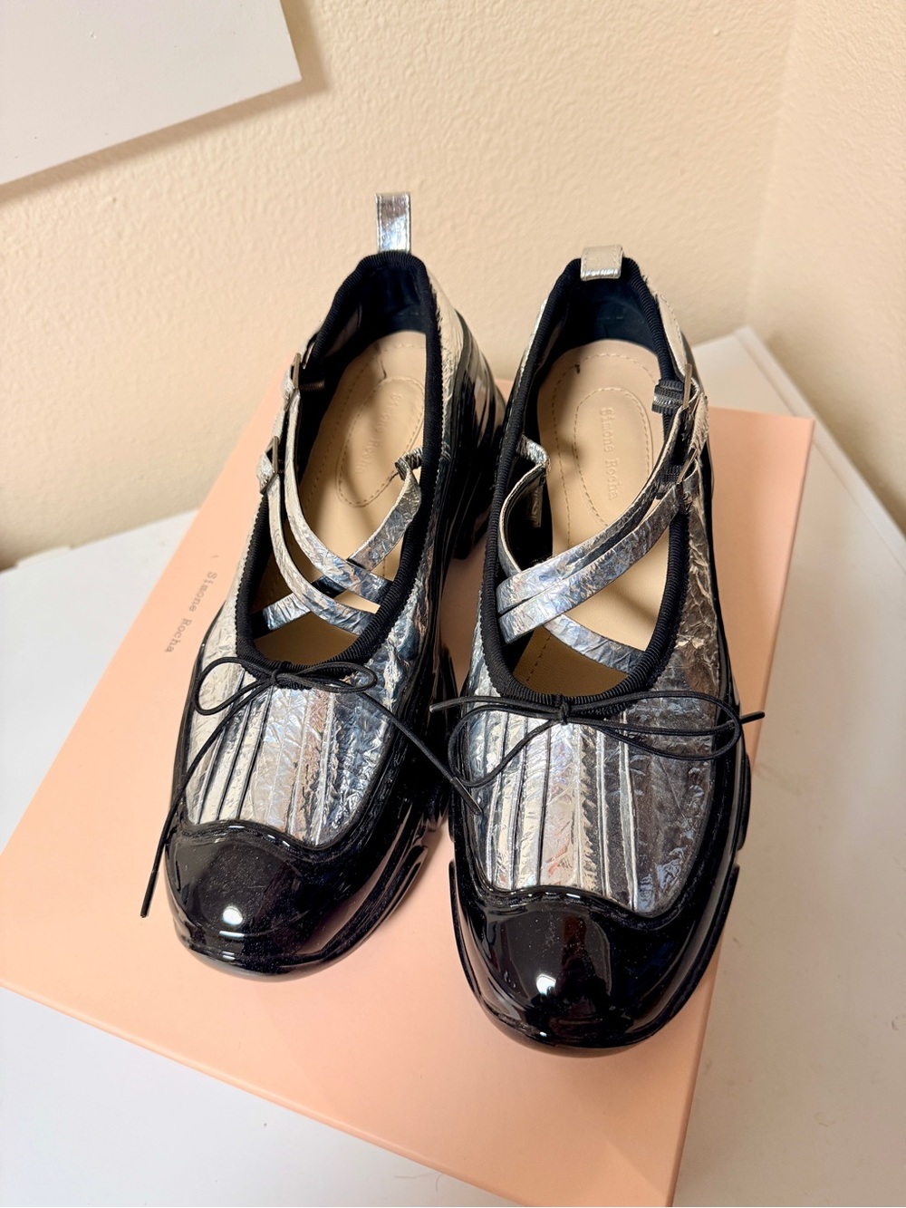 NWT Simon Rocha Sliver criss cross strap tracker ballerina